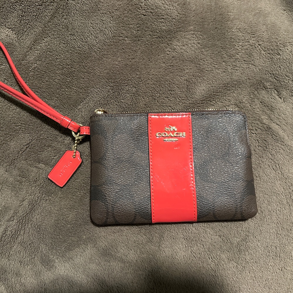 Coach Red and Brown Zip Pouch